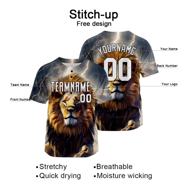 Benutzerdefinierte Baseball Jersey Personalisierte Baseball Shirt genäht und Druck Blitz Löwe Jetzt online – Bild 2