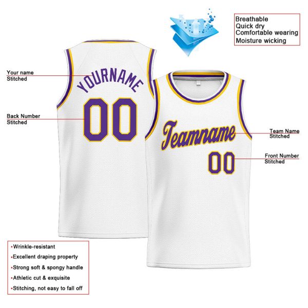 Benutzerdefinierte Authentisch  Basketball Trikot Weiß-Gelb-Lila Verkauf – Bild 4
