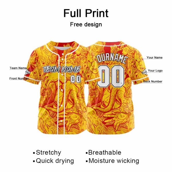 Benutzerdefinierte Baseball Jersey Personalisierte Baseball Shirt genäht und Druck Gelb&Rot Online – Bild 2