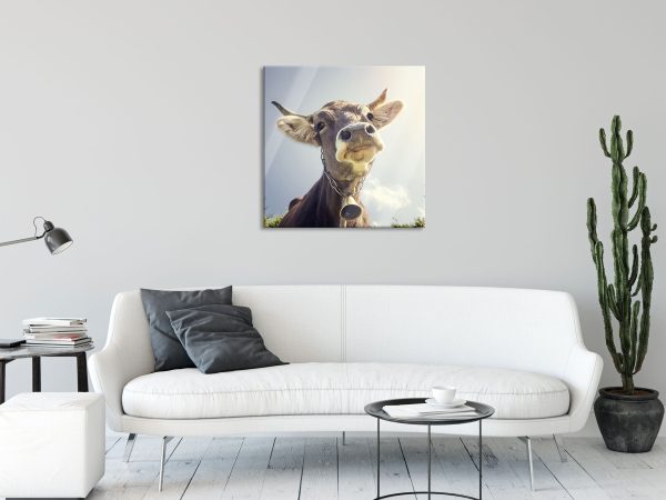 Lustiges Portrait einer Kuh, Glasbild Quadratisch Zu verkaufen – Bild 2