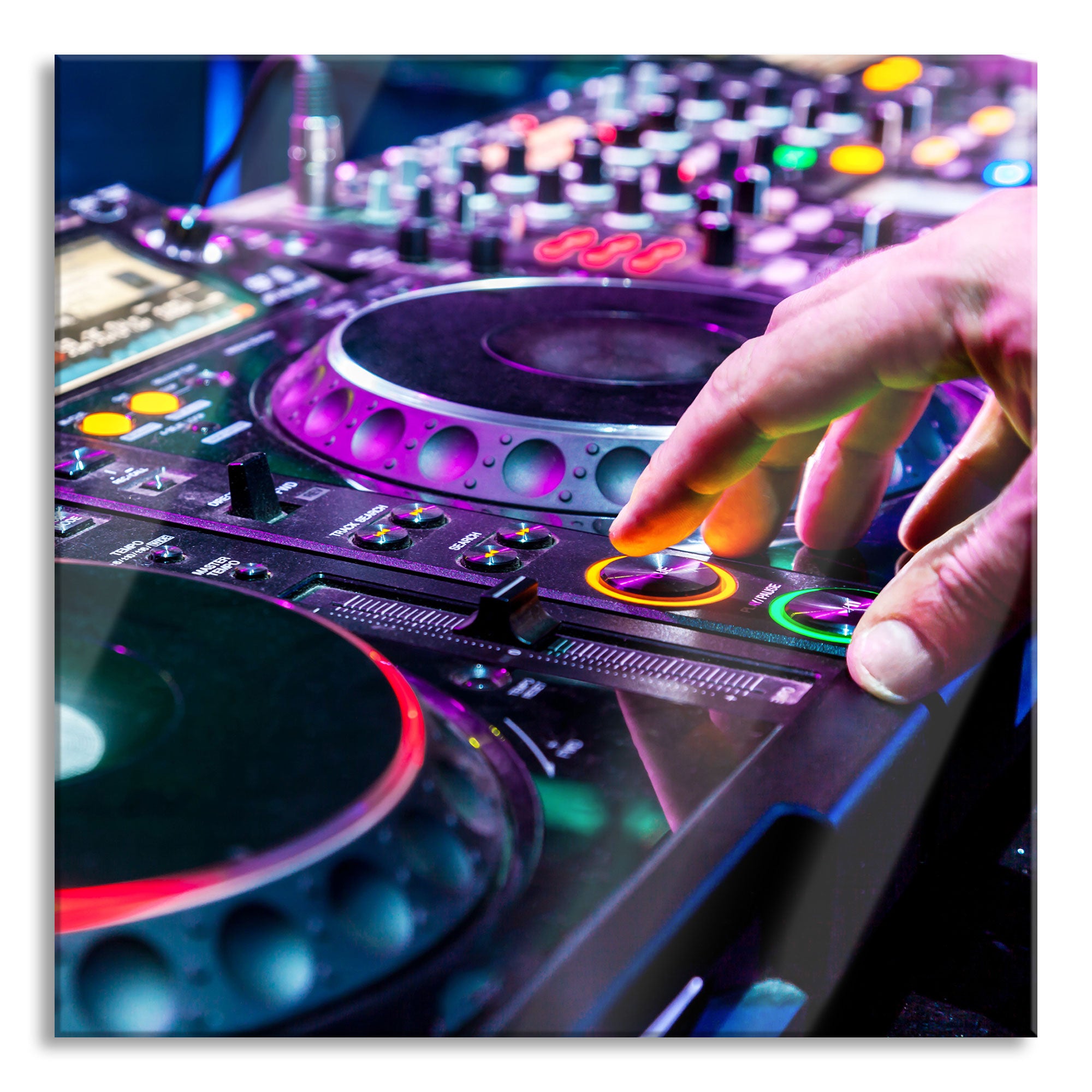 Modern beleuchteter DJ Pult, Glasbild Quadratisch Rabatt
