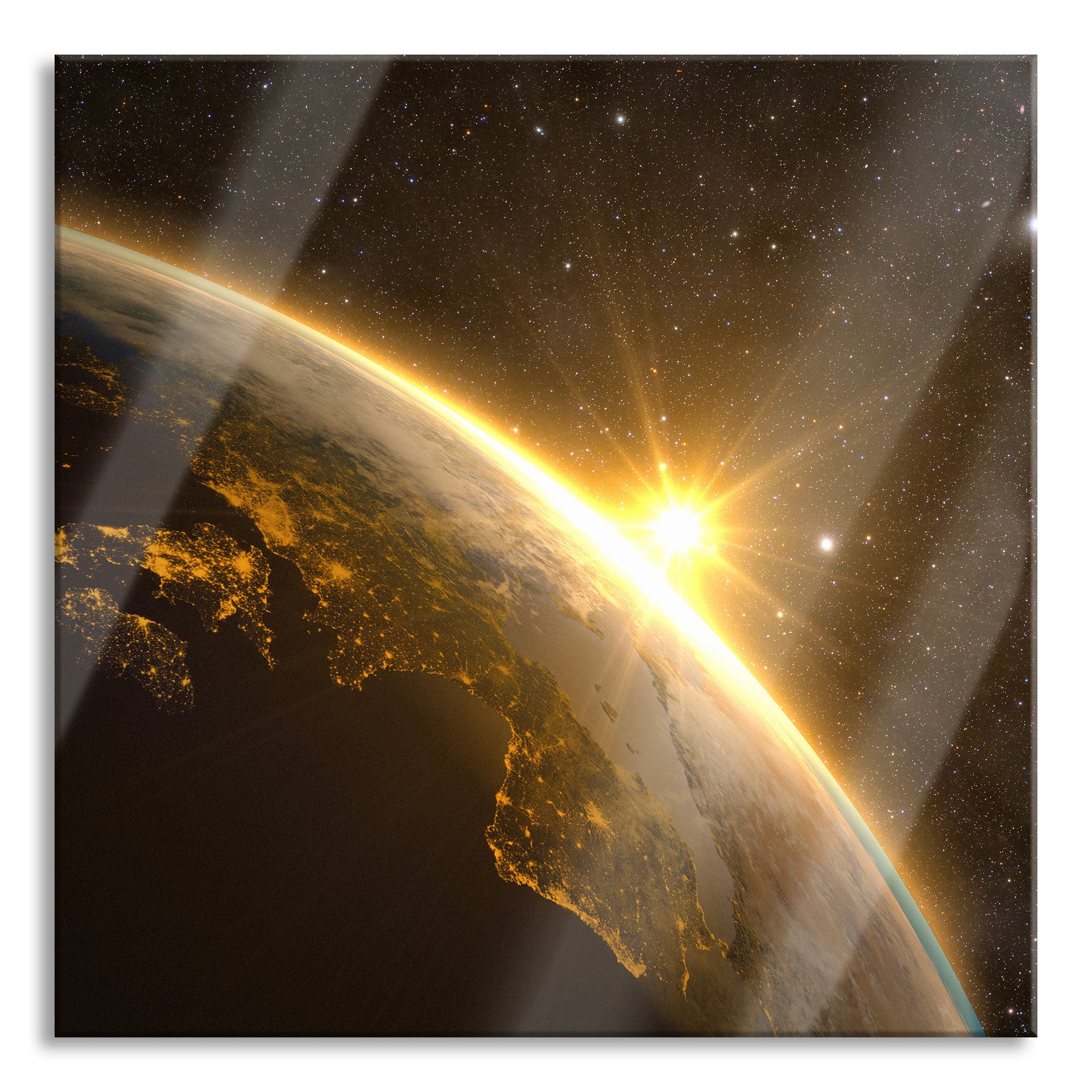 Die Sonne und Erde im Weltall, Glasbild Quadratisch Verkauf
